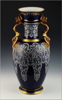 Large Superb Ginori Porcelain Vase w/ Applied Lace Pattern on Cobalt Glaze