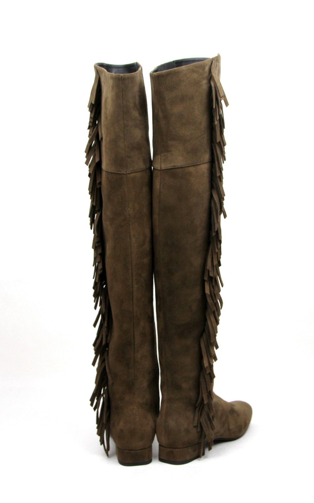 Pre-owned Saint Laurent Woman's Brown Suede Over The Knee Fringed Boots 438270 2532