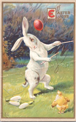 Postcard Easter Joys Rabbit Egg Chick 1910