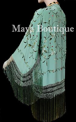 Pre-owned Maya Matazaro Embroidered Silk Fringe Jacket Kimono Tiffany Green Hand Dyed  Usa