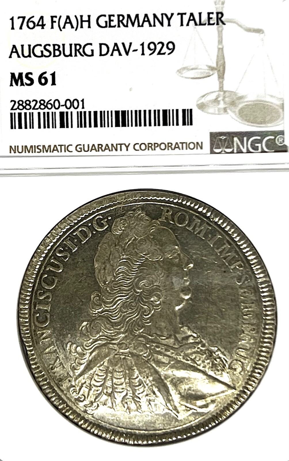 ★〈英文〉「German Talers　church and city」 German States Augsburg 1764 Taler Coin Thaler NGC MS 61 VZ/F