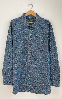 NWT PERRY ELLIS Mens 2X Blue White Floral Stretch Button Down Shirt