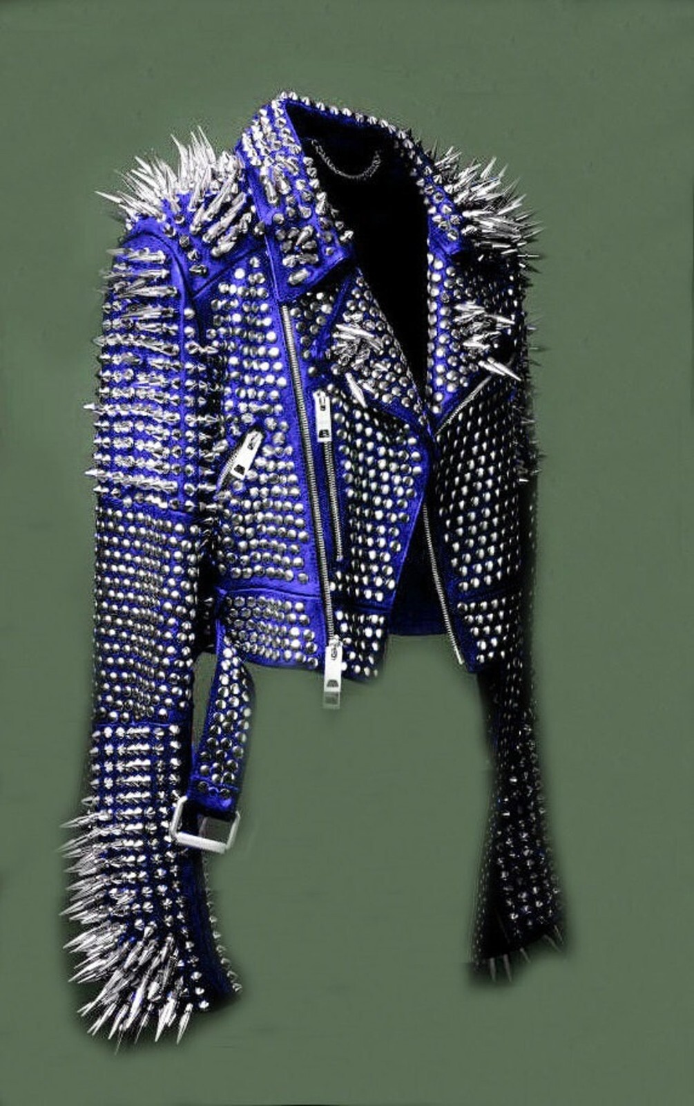 Pre-owned Handmade Unisex Multi Punk Rock Heavy Metal Long Spiked Studded Motorcycle Leather Jacket In Black