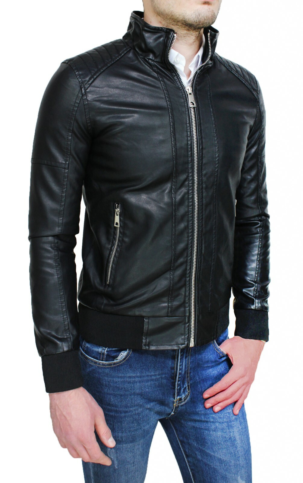 Giacca giubbotto uomo casual nero slim fit in ecopelle giubbino bomber moto