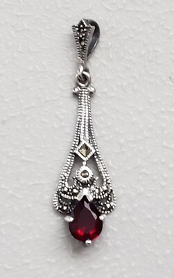 Antique Style 925 Sterling Silver and Marcasite Pendant with Simulated Ruby