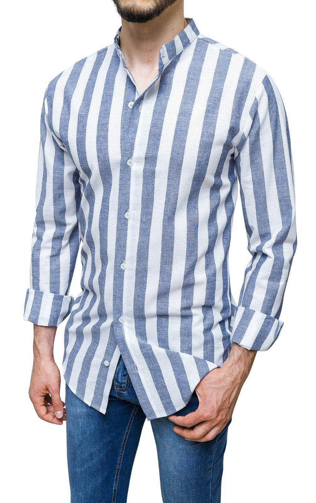 CAMICIA DI LINO UOMO SARTORIALE BIANCO BLU ESTIVA CON COLLETTO ALLA COREANA