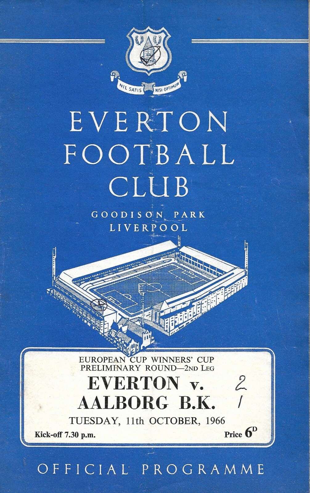 EVERTON v AALBORG B.K 1966/67 E.C.W.C PRELIM RND MATCHDAY PROGRAMME - 11/10/1966
