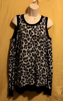 Michael Kots ladies top black gray white animal print cold shoulder ls top M $99