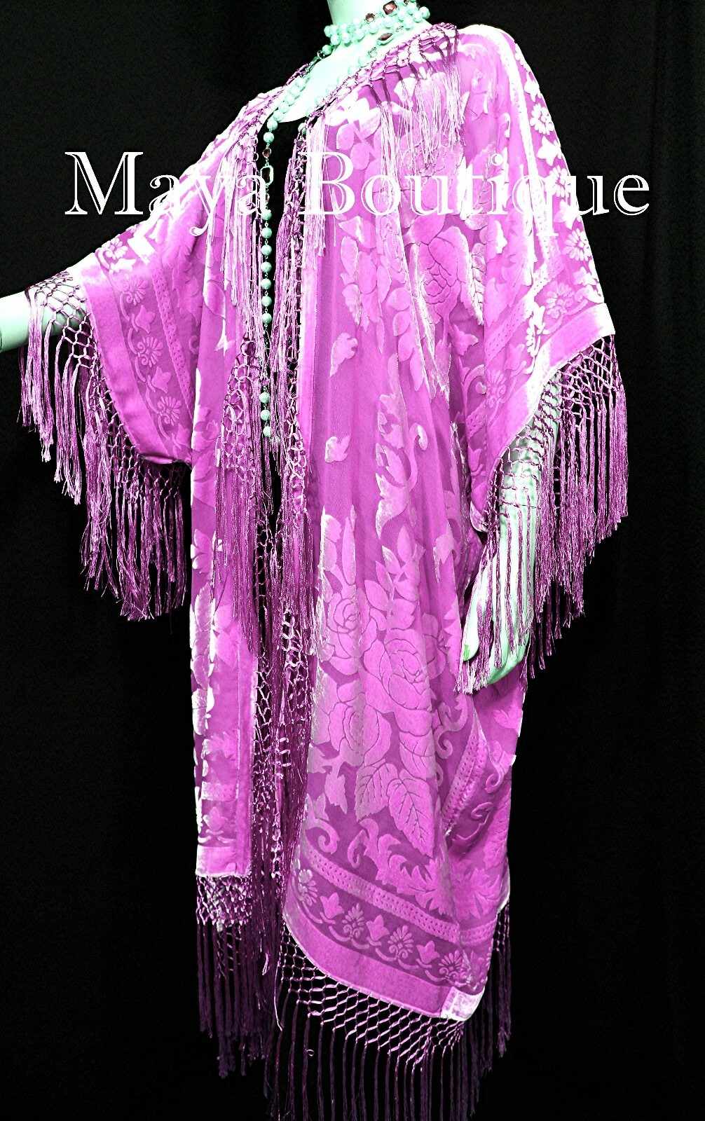 Pre-owned Maya Matazaro Fringe Jacket Kimono Duster Silk Burnout Velvet Candy Pink  Plus