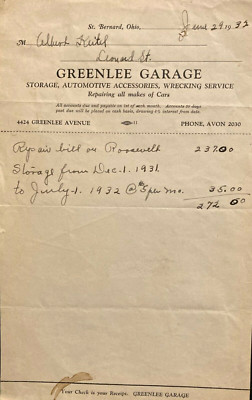 1929 & 1932 Greenlee Garage Invoices + 3 Sheets of Blanks   St. Bernard, Ohio