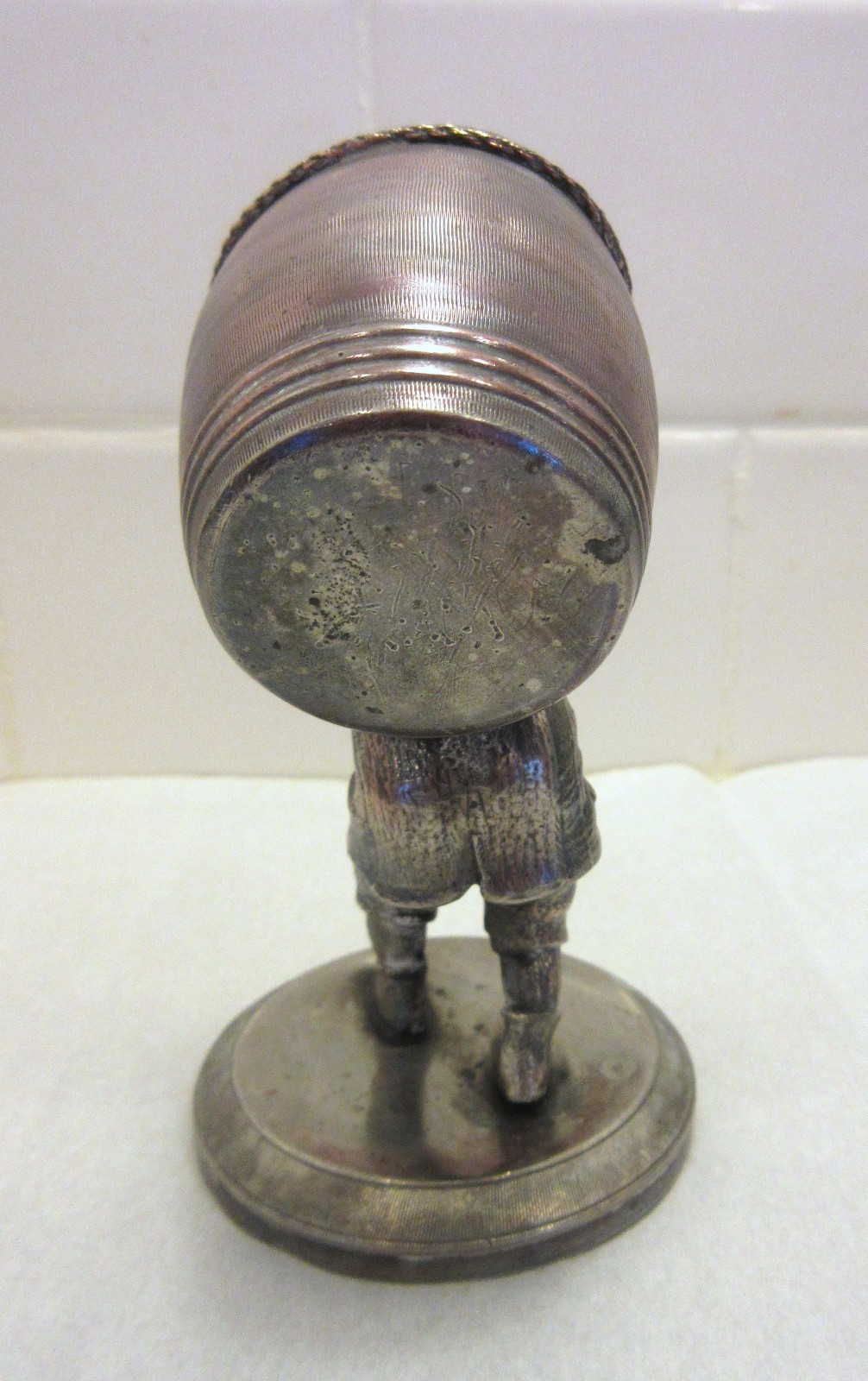 James Tufts Toothpick Match Holder Silverplate Man with Barrel