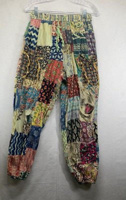 Women s Patchwork Festival Pants 100% Cotton Pockets Colorful 27 in Waist