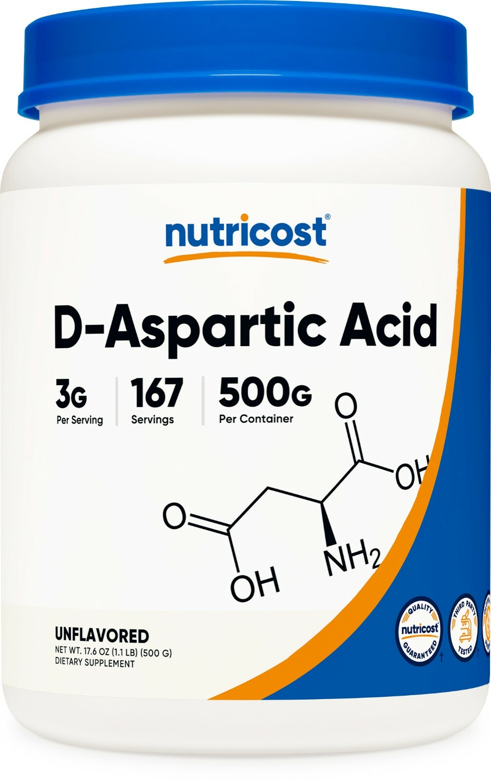 Nutricost D-аспарагиновая кислота (DAA) - 500 г, 167 порций, без ГМО, без глютена