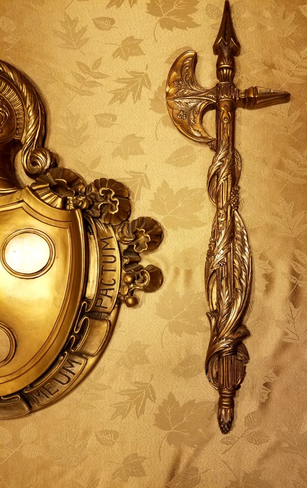 Roman Knight Shield & 2 Battle Axes My Word Is My Bond 1969 Chalkware Wall Art