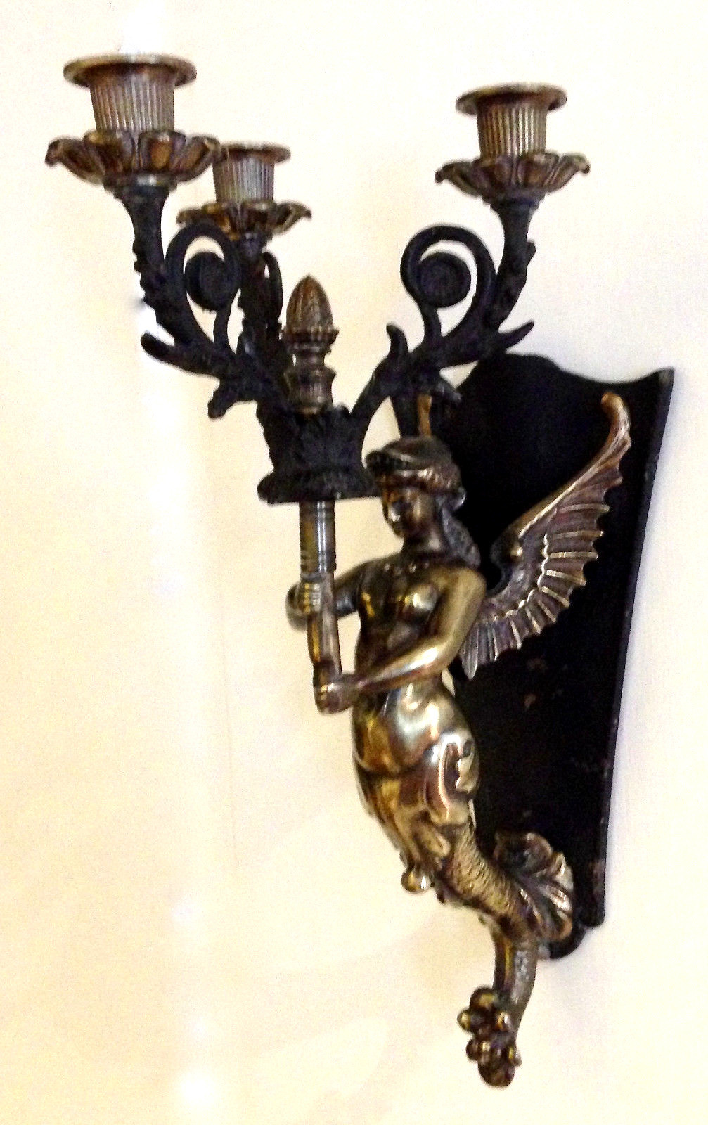 Pair of Vintage French Bronze Brass Mermaid Candelabra Wall Sconces
