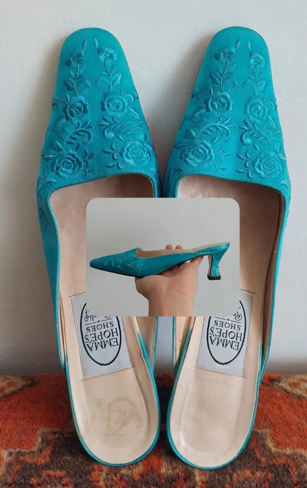 Vintage Emma Hope Shoes Mules | Leather & Silk Embroidered Flowers