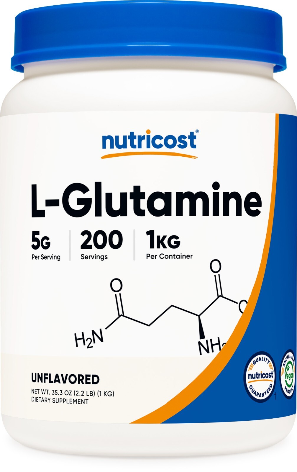 Порошок L-глютамина Nutricost 1 кг - чистый L-глутамин - 5000 мг на порцию