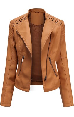 Lu's Chic Women's Motorcycle Jacket Fashion Dressy Vegan Leather Biker Coat Sz L