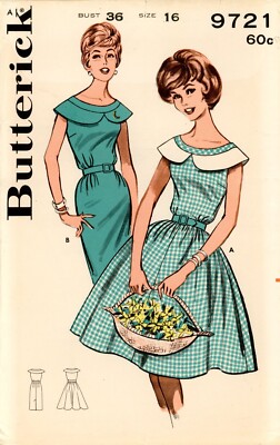 Butterick 9721 Full, Sheath Dress w Bias Bands, Large Contrast Collar Sz 16 CUT
