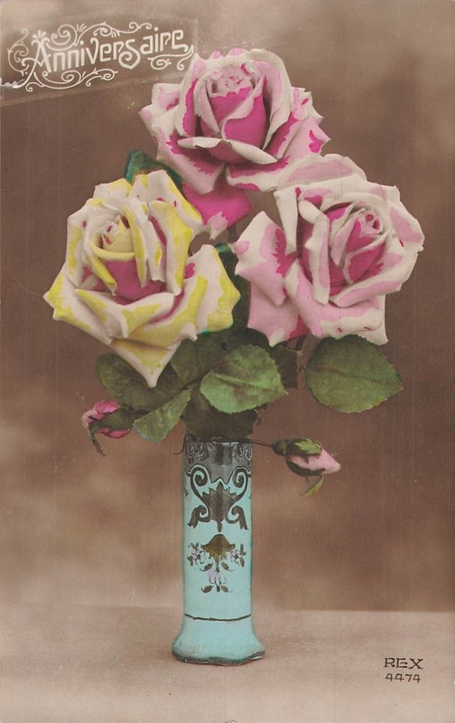 Cp Anniversaire Vase Bleu Decore Rempli Roses - 67638
