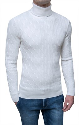 Pullover Dolcevita uomo bianco maglione slim fit invernale a trecce da S a XXL