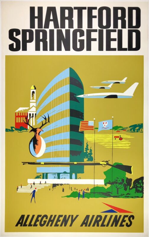 Original Vintage Poster HARTFORD ALLEGHENY AIRLINES Airline Travel VERY RARE OL