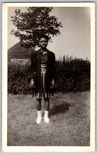 Vtg B&W Snapshot African American Woman Striped Dress Coat Yard 1940s