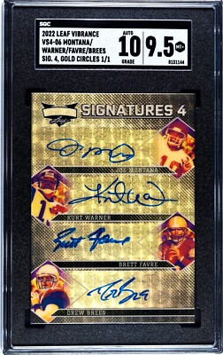 JOE MONTANA,BRETT FAVRE,DREW BREES,WARNER-Leaf Vibrance (#1/1) AUTO SGC:9.5 AU10
