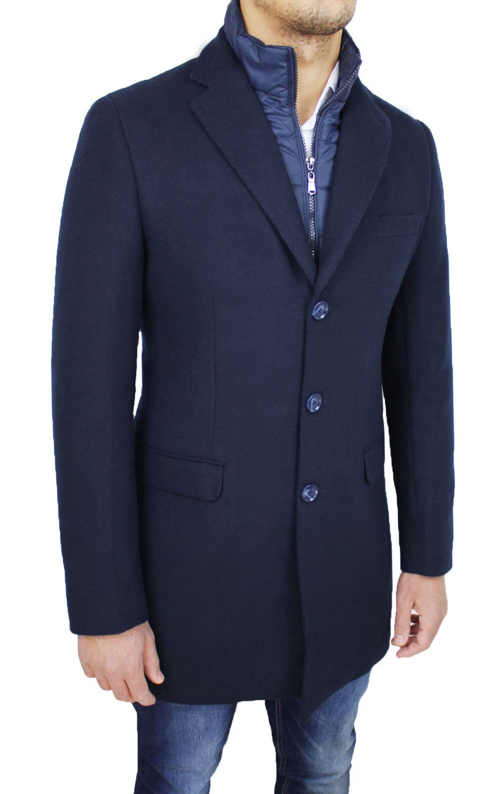 CAPPOTTO UOMO SARTORIALE IN LANA BLU SCURO GIACCONE GIUBBOTTO CASUAL ELEGANTE