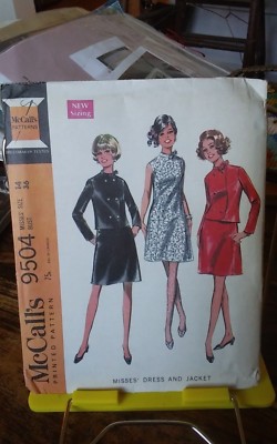Vtg 1968 Mccalls 9504 misses aline dress & jacket collar bow closure sz 14 NEW