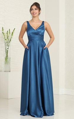 May Queen MQ1994 A Line V Neck Corset Back Long Simple Prom Dress