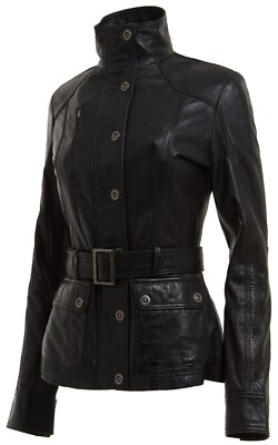 INFINITY LEATHER DAMEN SCHWARZ LEDER BIKERJACKE ECHTLEDER MITTELLANG MIT GÜRTEL NIETEN JACKE