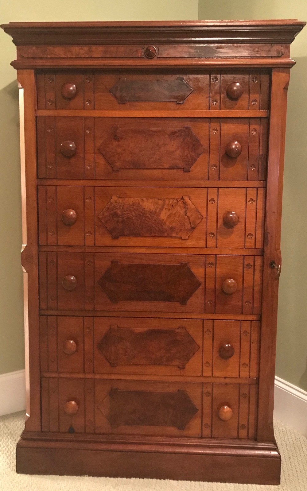 Victorian Burled Walnut Antique Dresser / Eastlake style  Side Lock Desk Key