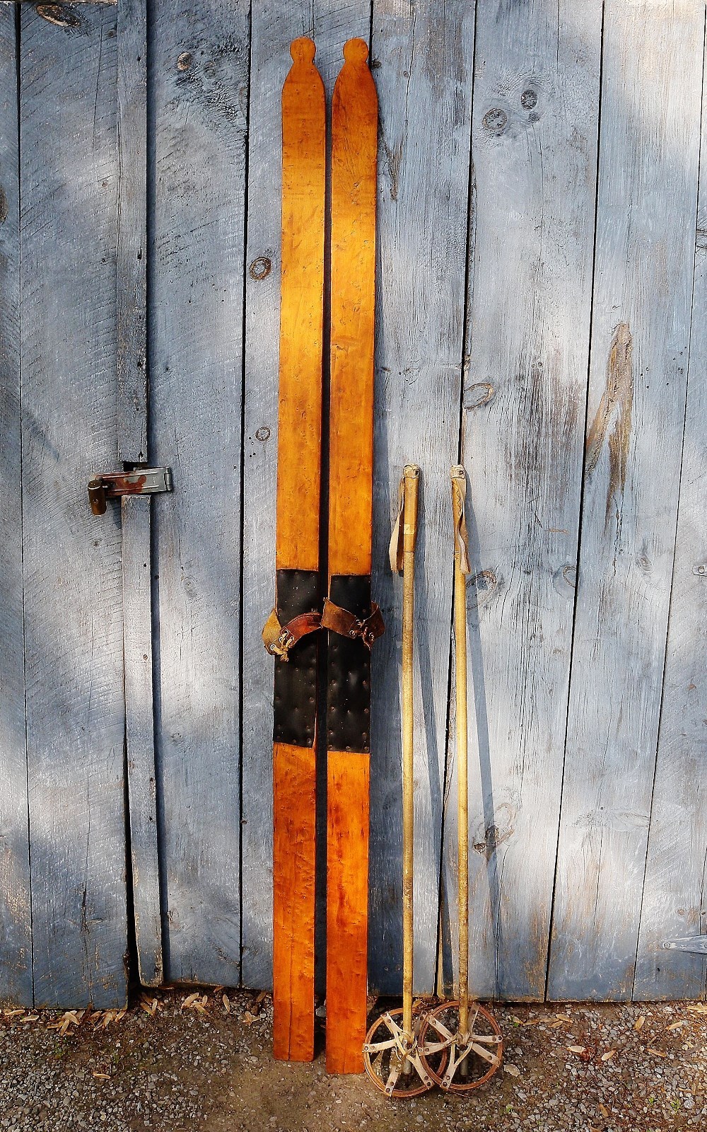 Vintage Bird's Eye Maple Skis with poles