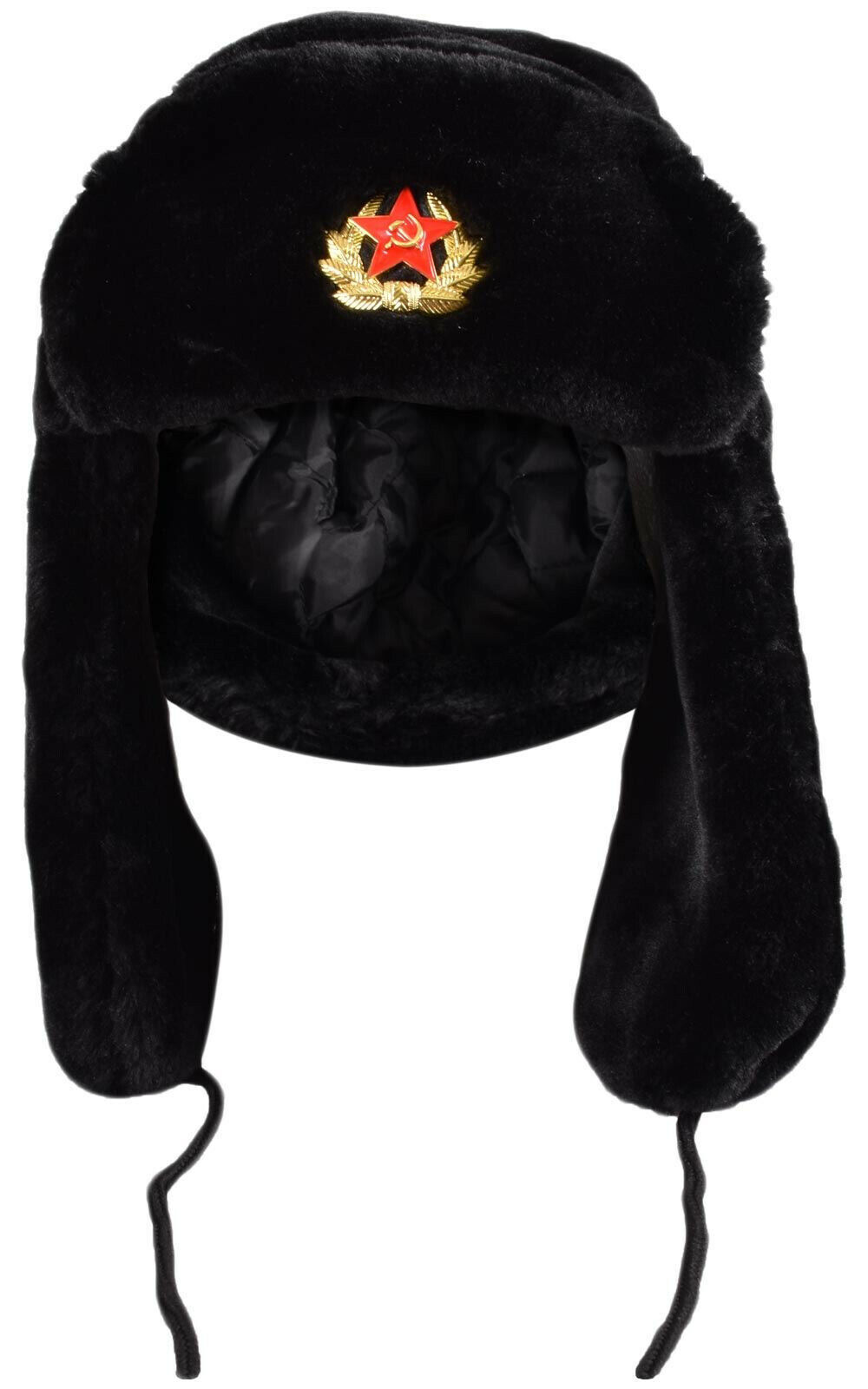 Russian Trapper Hat black With Soviet Badge Faux Fur Ushanka Russian Trapper Hat black With Soviet Badge Faux Fur Ushanka