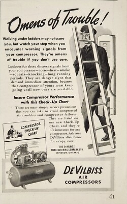 Omens of Trouble DeVilbiss Air Compressor Ad Vtg 1943 Man Under Ladder Check-up