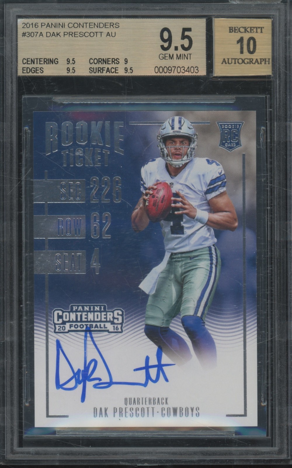 2016 Contenders Rookie Ticket #307 Dak Prescott RC Gem Mint BGS 9.5 10 Auto