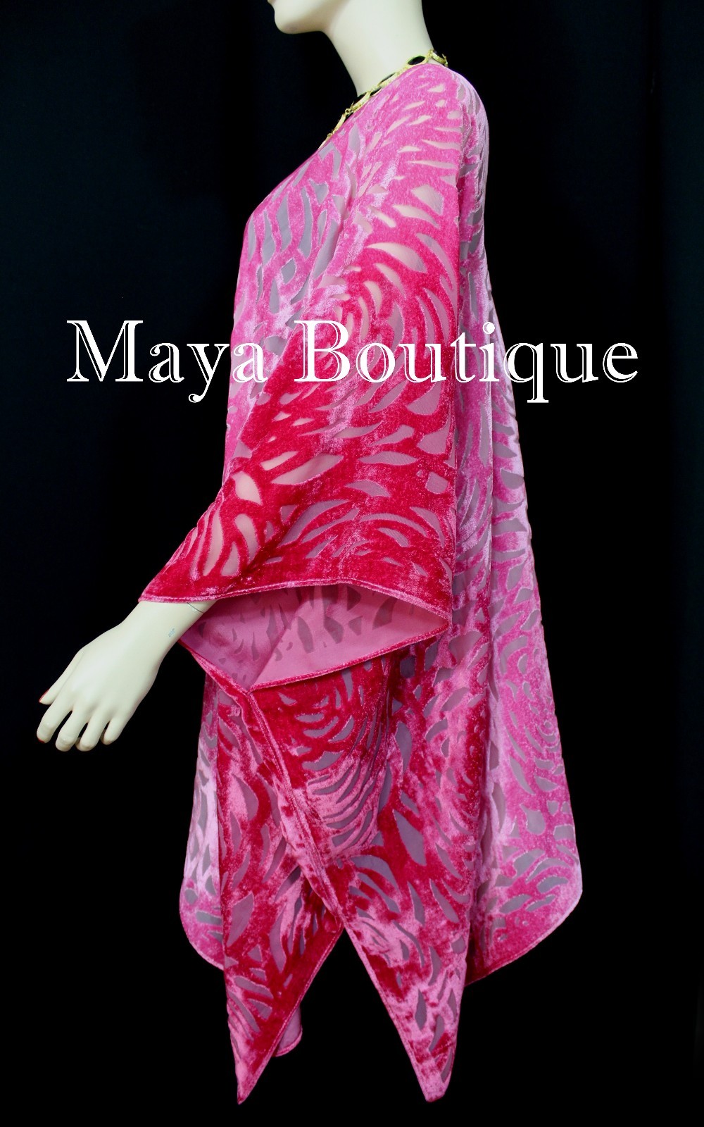 Pre-owned Maya Matazaro Pink Ombre Camellia Burnout Velvet Caftan Kimono Duster Hand Dyed