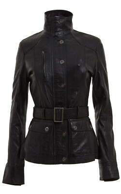 INFINITY LEATHER DAMEN SCHWARZ LEDER BIKERJACKE ECHTLEDER MITTELLANG MIT GÜRTEL NIETEN JACKE