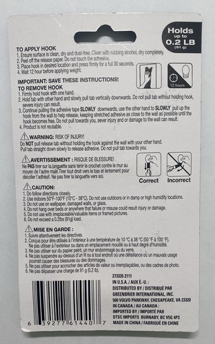 Brand New Sealed 9pc Removable Hooks 0.62 Inch Adhesive Holds Up To 0.2 LB/91g