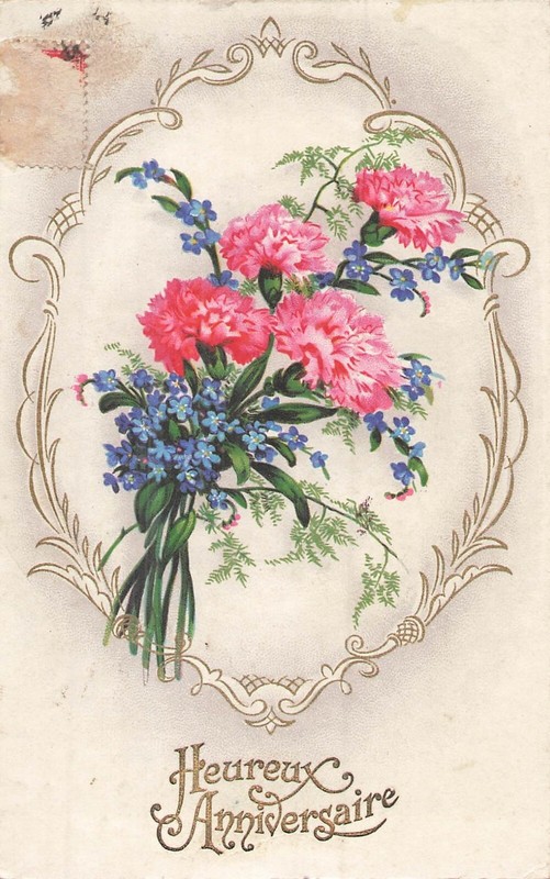 Cp Illustree Anniversaire Oeillets Myosotis Fleurs - 94751