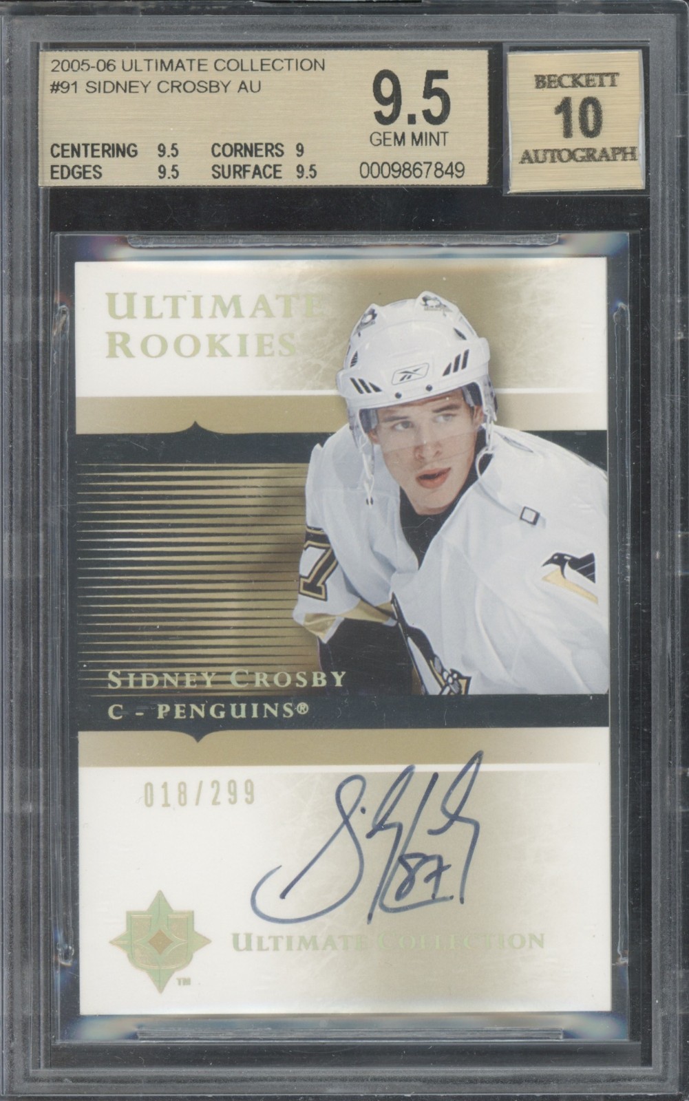 2005-06 Ultimate Collection #91 Sidney Crosby 18/299 RC Gem Mint BGS 9.5 10 Auto