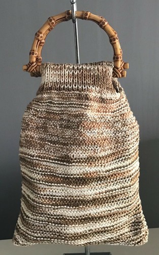 KNIT BAG w Cane Handles Brown & White Shopper Handbag Unique Hand Made Vintage