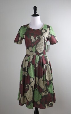 LULAROE NWT Paisley Pleated Beige Green Red A-Line Amelia Dress Size Medium