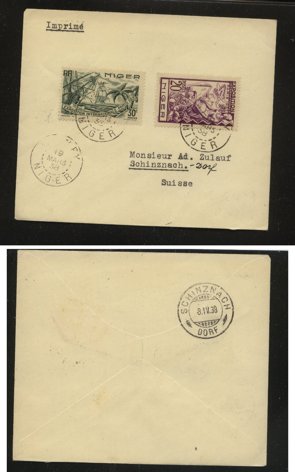 Niger 77-78 on cover to Switzerland 1938 MS1208 | eBay