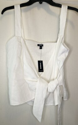 Express Medium White Sleeveless Tie-Sided Smocked Back Surplice Tank Top NWT