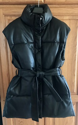 !! NEW !! MANGO Quilted Skin Style Puffer Vest Vegan Leather Black SZ S