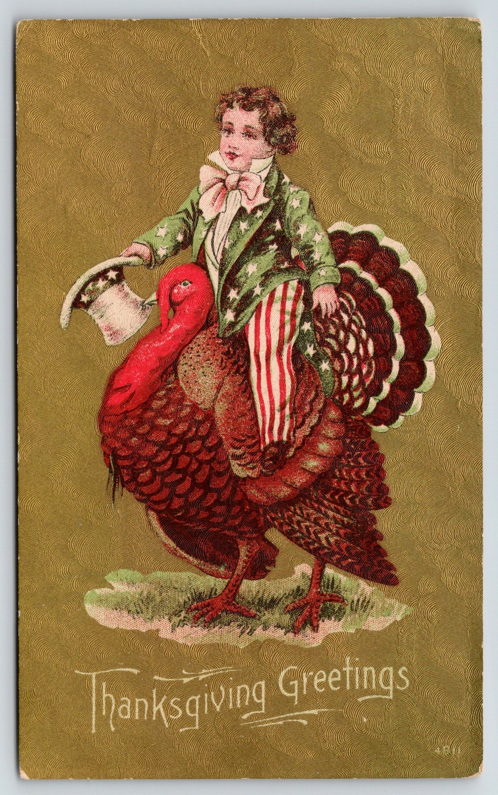 Patriotic Thanksgiving~Boy in Uncle Sam Suit Rides Turkey~Green Coat~Gold~1908