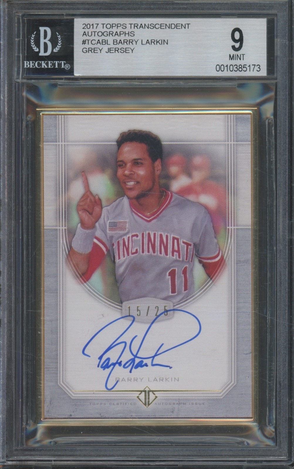 2017 Topps Transcendent Grey Jersey Barry Larkin /25 Mint BGS 9 10 Auto