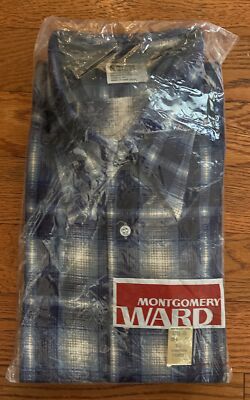 New NOS Men s Vintage Montgomery Ward Blue Plaid Flannel Shirt size XL
